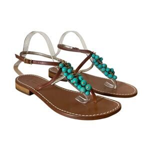 Miss Trish of Capri Turquoise & Gold Beaded Leather Sandals Size 39.5/ US 9.5